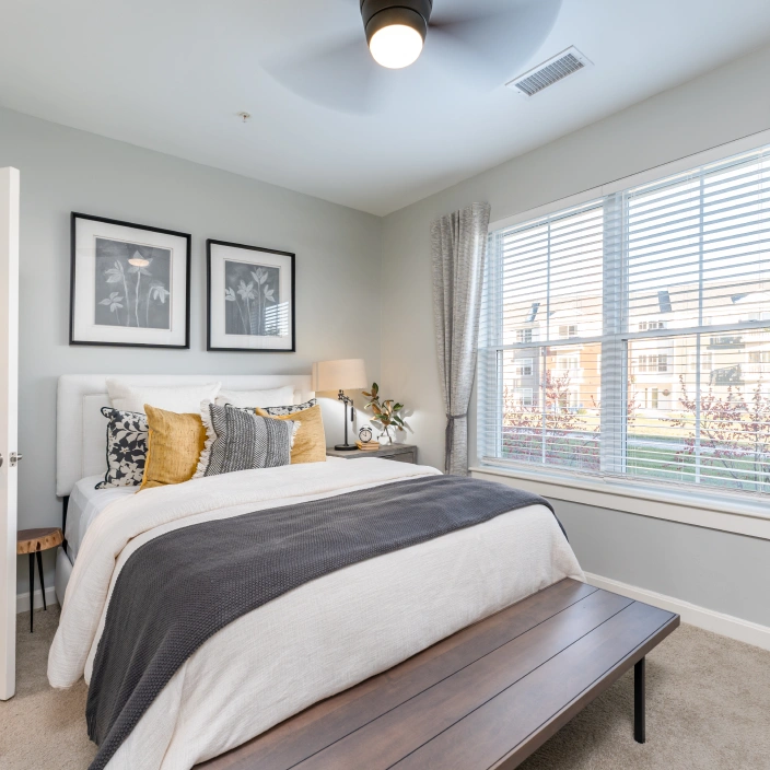 Stylish bedroom with large window queen bed gray bedding and decorative accent pillows