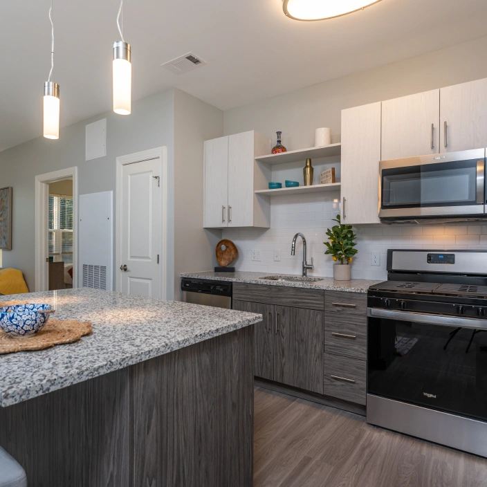 Contemporary kitchen featuring granite countertops stainless steel appliances and pendant lighting fixtures