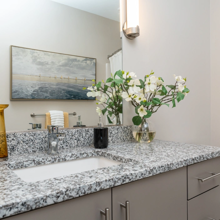Elegant bathroom counter with decorative flowers, polished granite, and soft modern lighting