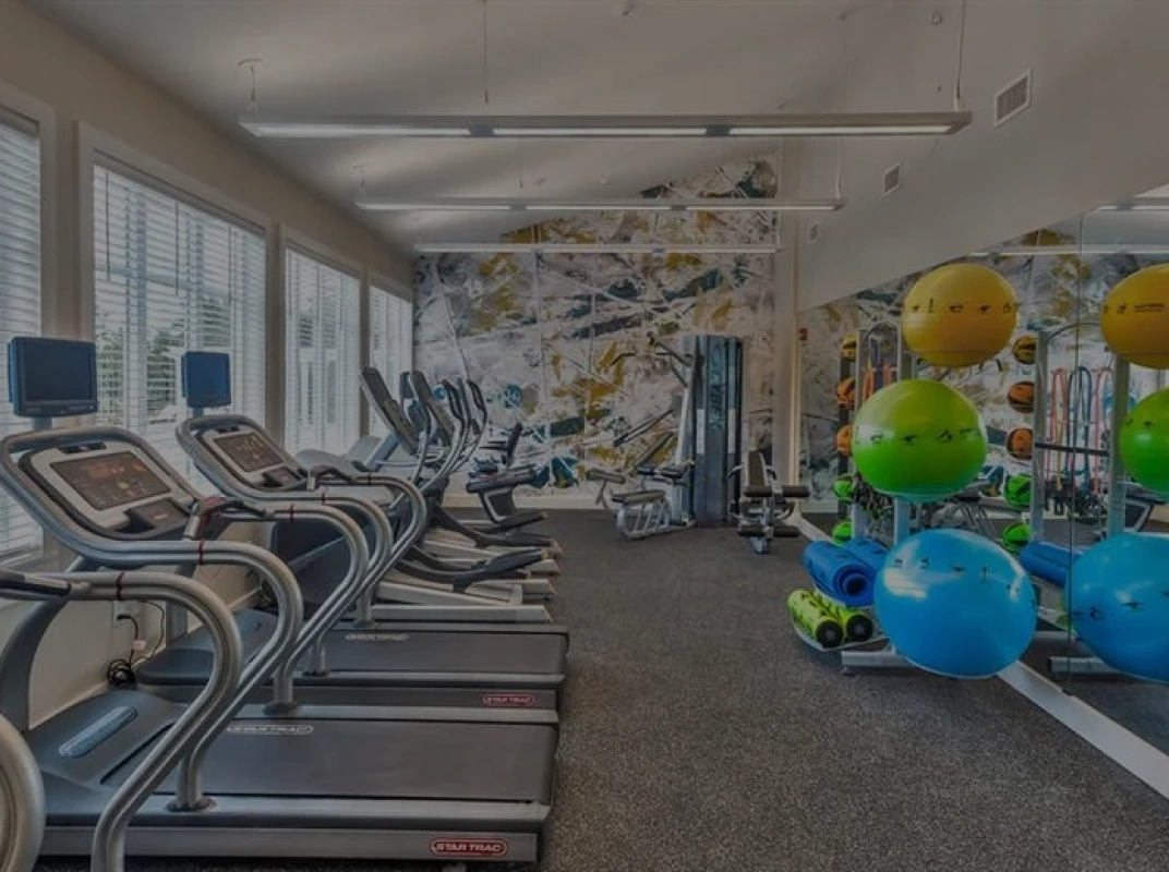 Modern apartment gym with colorful exercise balls, cardio machines, and mirrored walls