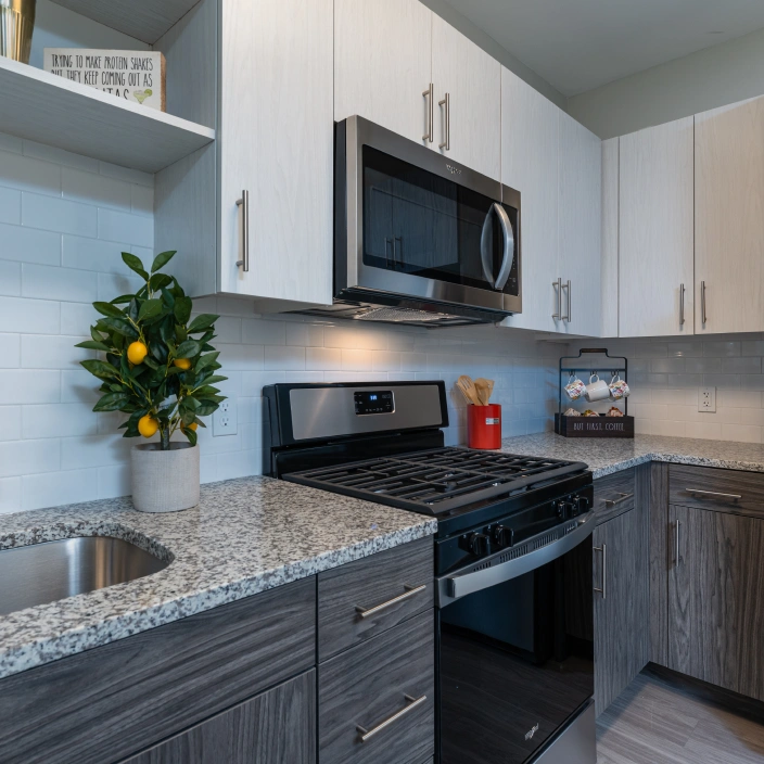 Contemporary kitchen with white tile backsplash modern appliances and contrasting wood cabinetry tones