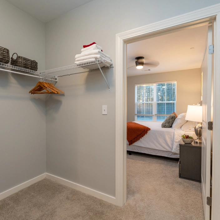 Modern bedroom view through open closet with carpeted floor and hanging wooden hangers