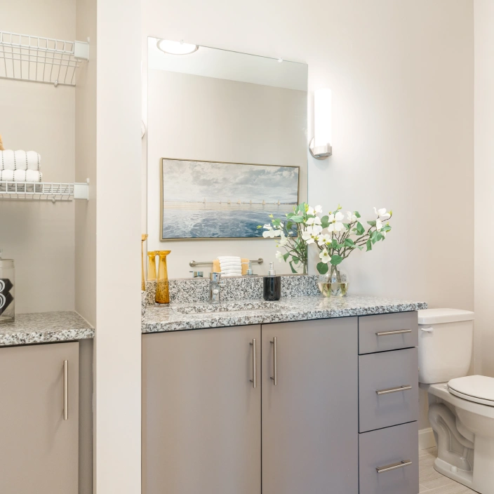Contemporary bathroom with neutral tones, stylish artwork, and sleek cabinet finishes