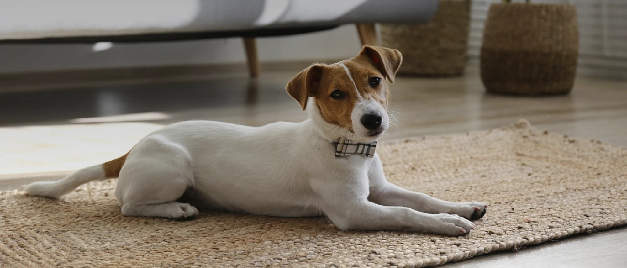 Playful dog wearing plaid collar resting peacefully on textured rug in stylish home setting
