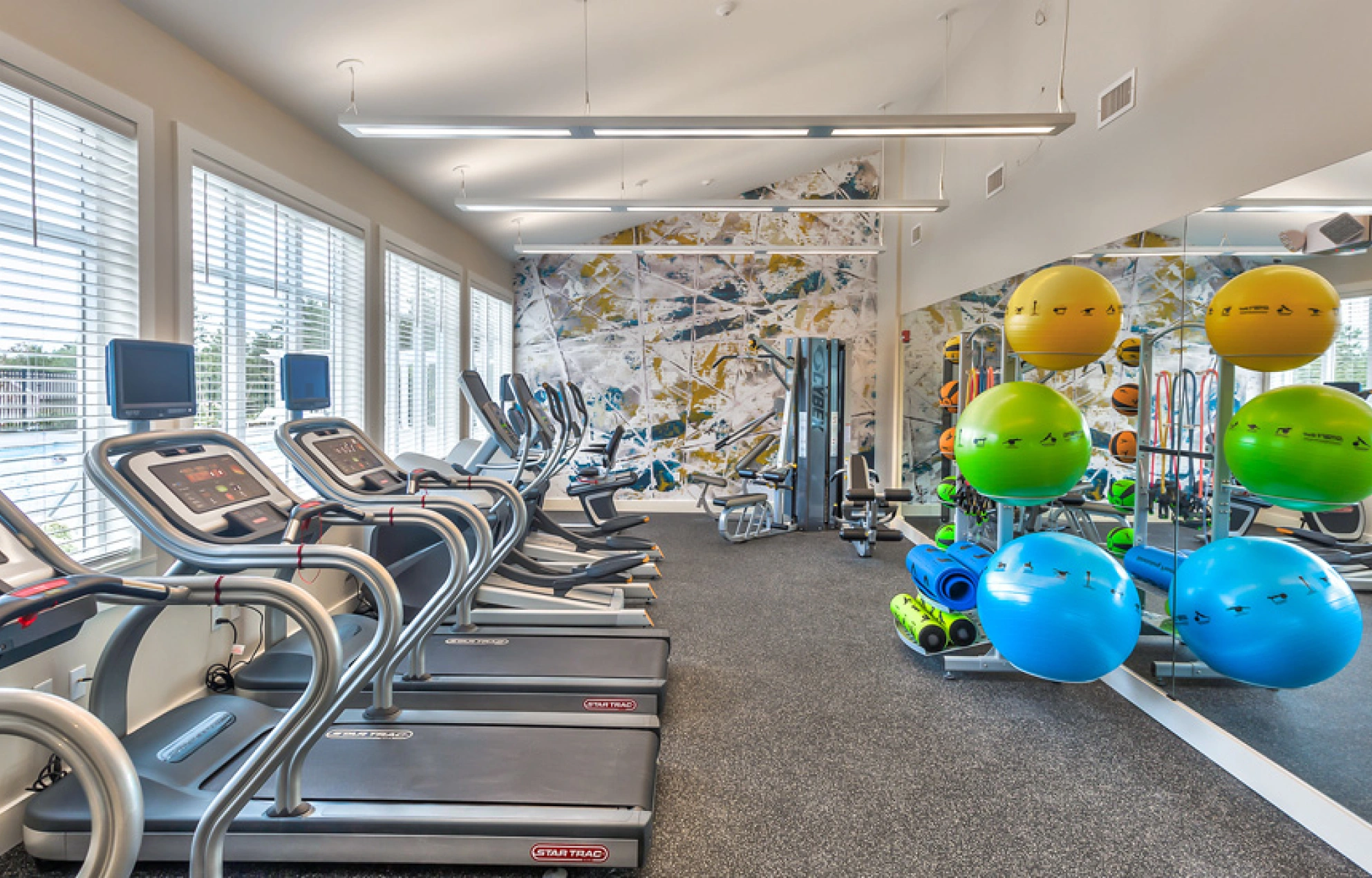 Contemporary fitness center with treadmills, resistance machines, and colorful exercise equipment